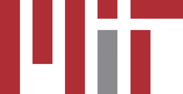 Abstract geometric pattern of vertical black bars with red and gray rectangles on a dark red background.