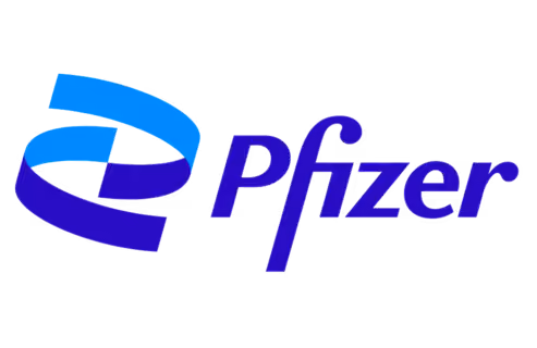 Pfizer company logo with stylized blue and purple ribbon design.